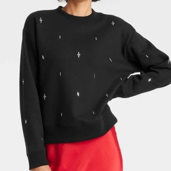 A New Day Long Sleeve Embellished Sweatshirt Womens Large Black Relaxed Fit NWT - Picture 2 of 10